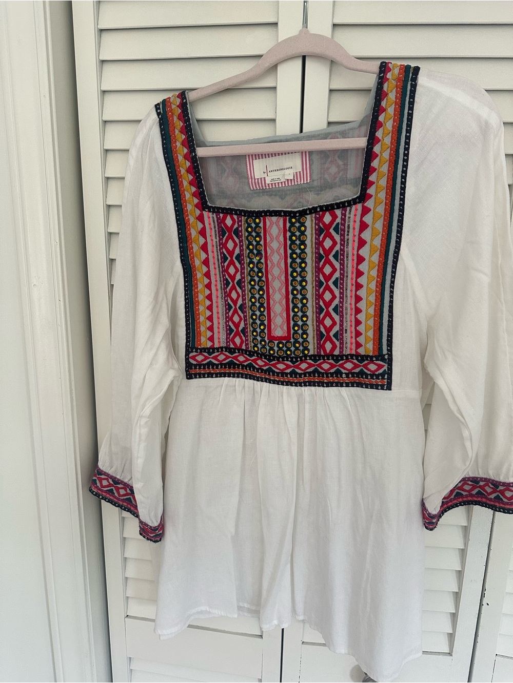 Anthropologie White Blouse with Pink Stripe Trim and Multi-Color Embroidery